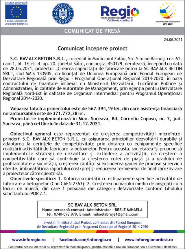 Comunicat începere proiect - Crearea capacității de fabricare beton la SC BAV ALX BETON SRL