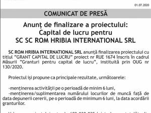 Anunț de finalizare a proiectului: Capital de lucru pentru SC SC ROM HRIBIA INTERNATIONAL SRL
