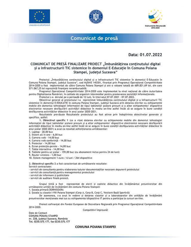 COMUNICAT DE PRESĂ FINALIZARE PROIECT „Îmbunătățirea conținutului digital și a infrastructurii TIC sistemice în domeniul E-Educație în Comuna Poiana Stampei, județul Suceava”