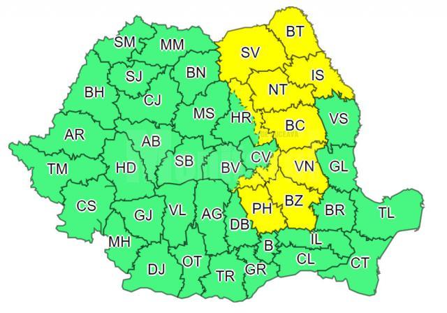 Cod galben de ploi, vânt și descărcări electrice, în Suceava și alte șapte județe