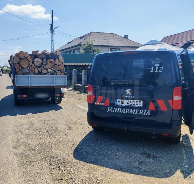 Un echipaj de jandarmi a reperat în trafic o autoutilitară încărcată cu material lemnos