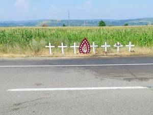 Șapte cruci albe la locul accidentului în care au murit trei membri ai unei familii din Suceava. Foto David Jonathan