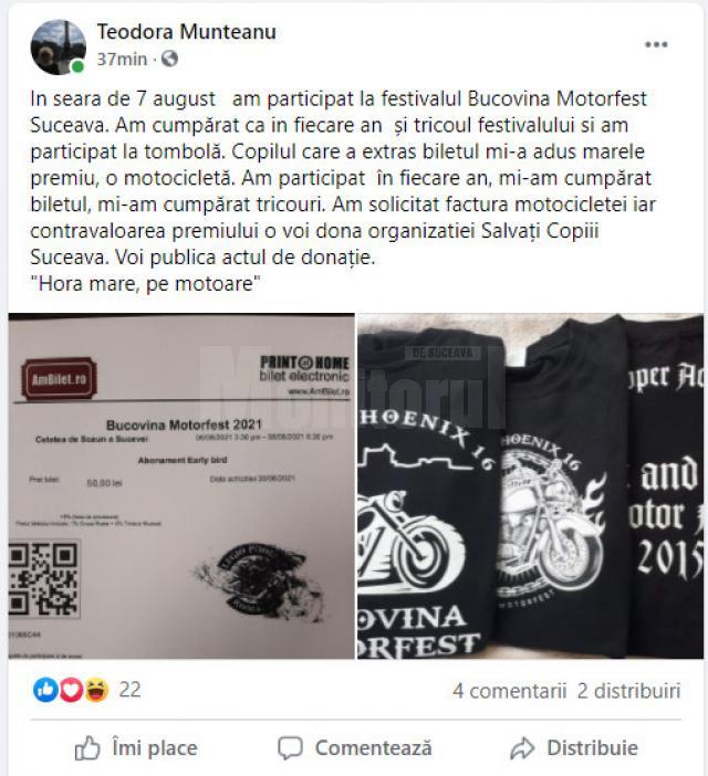 Postarea viceprimarului Teodora Munteanu, prin care anunta donarea contravalorii premiului