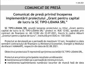 Comunicat de presă privind începerea implementării proiectului „Grant pentru capital de lucru la SC TIPO-LIDANA SRL”
