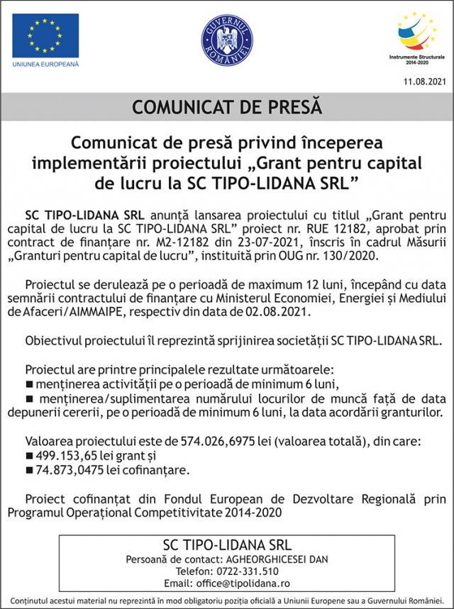 Comunicat de presă privind începerea implementării proiectului „Grant pentru capital de lucru la SC TIPO-LIDANA SRL”