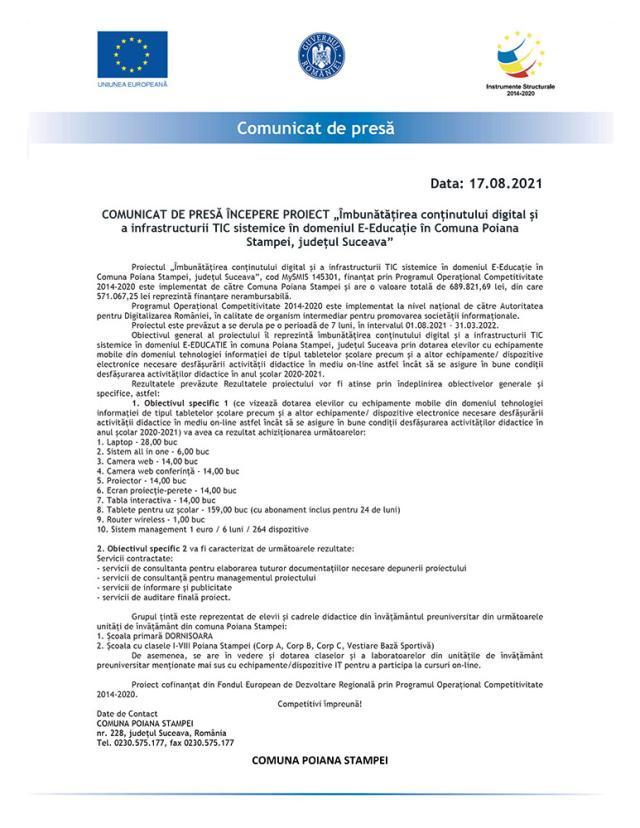 COMUNICAT DE PRESĂ ÎNCEPERE PROIECT „Îmbunătățirea conținutului digital și a infrastructurii TIC sistemice în domeniul E-Educație în Comuna Poiana Stampei, județul Suceava”
