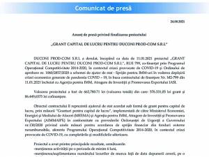 Anunț de presă privind finalizarea proiectului ,,GRANT CAPITAL DE LUCRU PENTRU DUCONI PROD-COM S.R.L”