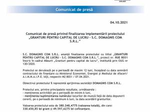 Comunicat de presă privind finalizarea implementării proiectului „GRANTURI PENTRU CAPITAL DE LUCRU - S.C. DOMAGNIS COM S.R.L.”