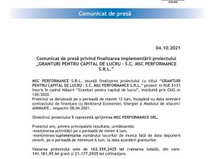 Comunicat de presă privind finalizarea implementării proiectului „GRANTURI PENTRU CAPITAL DE LUCRU - S.C. MSC PERFORMANCE S.R.L.”
