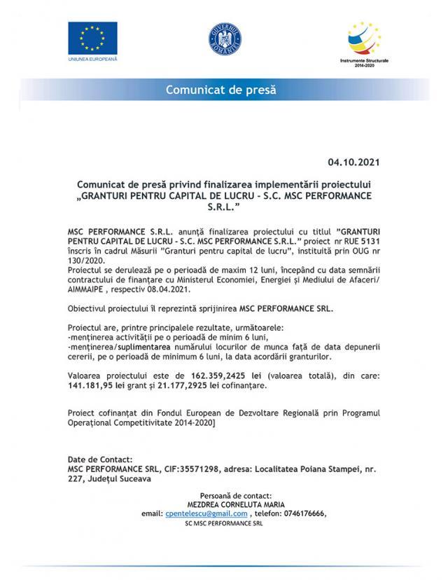 Comunicat de presă privind finalizarea implementării proiectului „GRANTURI PENTRU CAPITAL DE LUCRU - S.C. MSC PERFORMANCE S.R.L.”