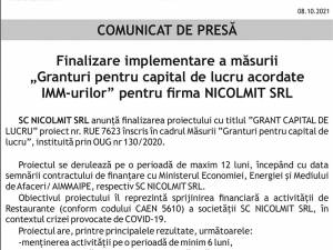 Finalizare implementare a măsurii „Granturi pentru capital de lucru acordate IMM-urilor” pentru firma NICOLMIT SRL