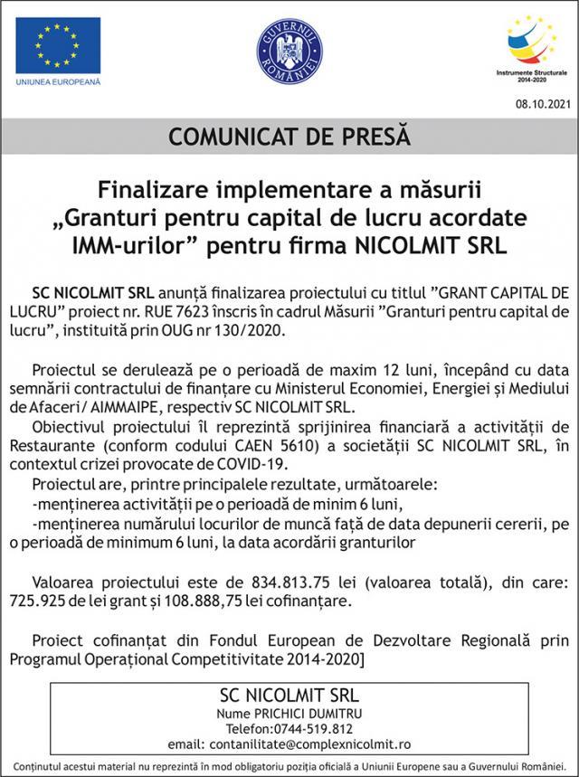 Finalizare implementare a măsurii „Granturi pentru capital de lucru acordate IMM-urilor” pentru firma NICOLMIT SRL