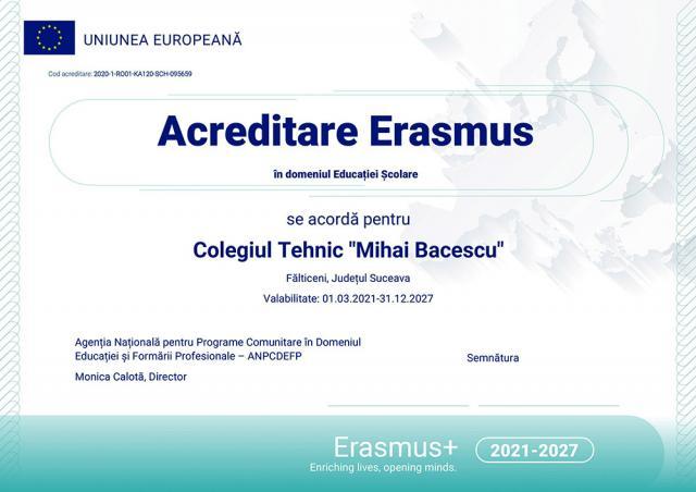 Colegiul Tehnic „Mihai Băcescu” din Fălticeni a obținut Acreditarea pentru proiecte Erasmus+