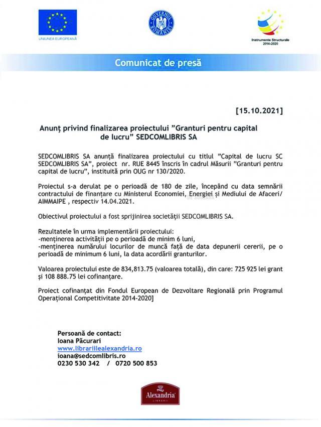 Anunţ privind finalizarea proiectului ”Granturi pentru capital de lucru” SEDCOMLIBRIS SA