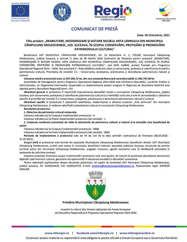 Titlu proiect: „REABILITARE, MODERNIZARE ȘI DOTARE MUZEUL ARTA LEMNULUI DIN MUNICIPIUL CÂMPULUNG MOLDOVENESC, JUD. SUCEAVA, ÎN SCOPUL CONSERVĂRII, PROTEJĂRII ȘI PROMOVĂRII PATRIMONIULUI CULTURAL”