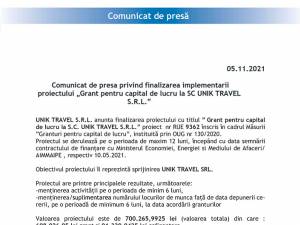 Comunicat de presa privind finalizarea implementarii proiectului „Grant pentru capital de lucru la SC UNIK TRAVEL S.R.L.”