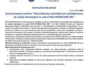 Anunț începere proiect: ”Diversificarea activităţii prin achiziţionarea de utilaje tehnologice în cadrul EGO IMOBILIARE SRL”