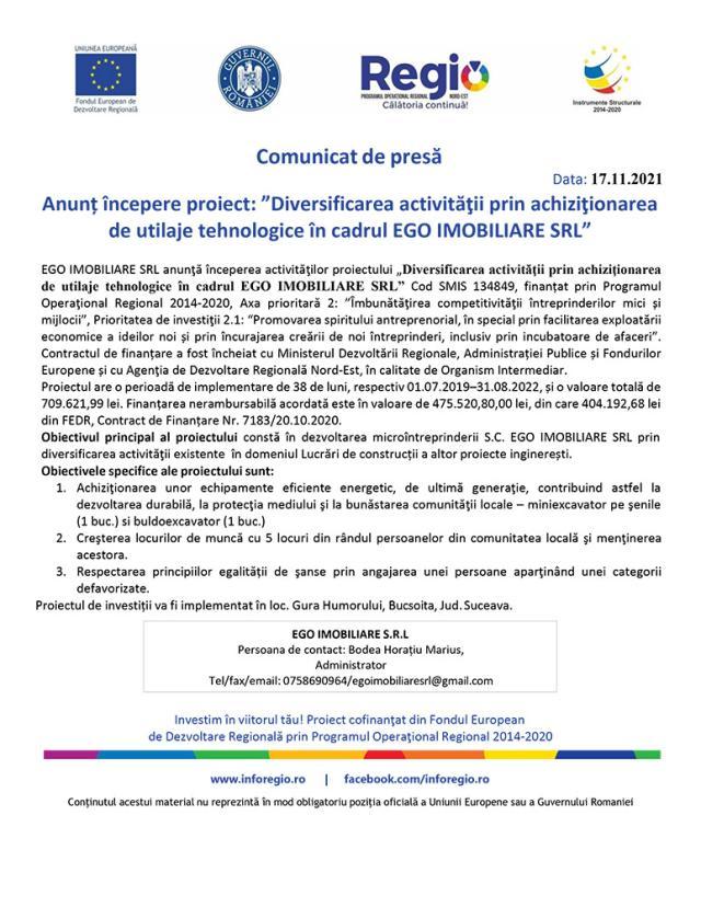 Anunț începere proiect: ”Diversificarea activităţii prin achiziţionarea de utilaje tehnologice în cadrul EGO IMOBILIARE SRL”