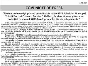 Lansare proiect: ”Proiect de investiții privind consolidarea capacității Spitalului Municipal ”Sfinții Doctori Cosma și Damian” Rădăuți, în identificarea și tratarea infecției cu virusul SARS-CoV-2 prin achiziție de echipamente”