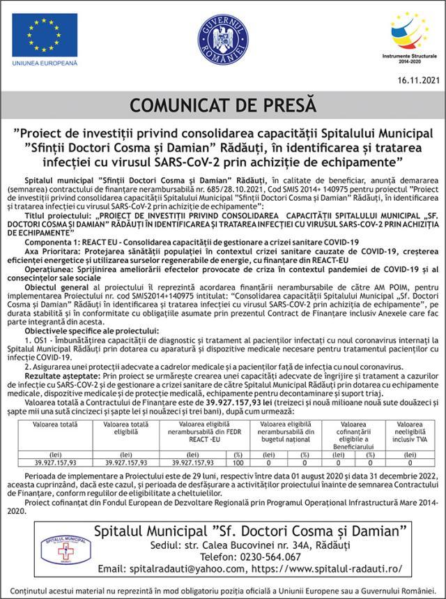 Lansare proiect: ”Proiect de investiții privind consolidarea capacității Spitalului Municipal ”Sfinții Doctori Cosma și Damian” Rădăuți, în identificarea și tratarea infecției cu virusul SARS-CoV-2 prin achiziție de echipamente”