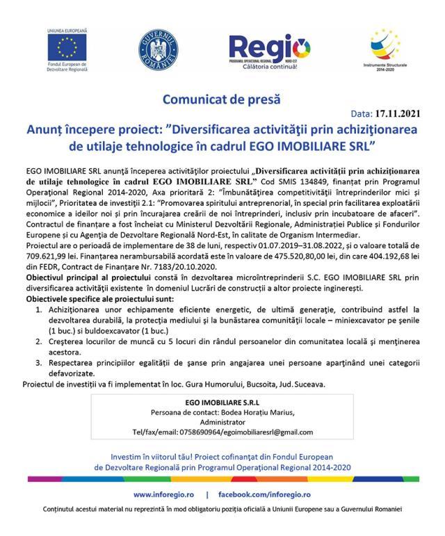 Anunț începere proiect: ”Diversificarea activităţii prin achiziţionarea  de utilaje tehnologice în cadrul EGO IMOBILIARE SRL”