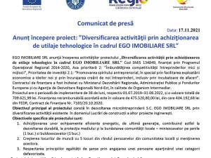 Anunț începere proiect: ”Diversificarea activităţii prin achiziţionarea de utilaje tehnologice în cadrul EGO IMOBILIARE SRL”