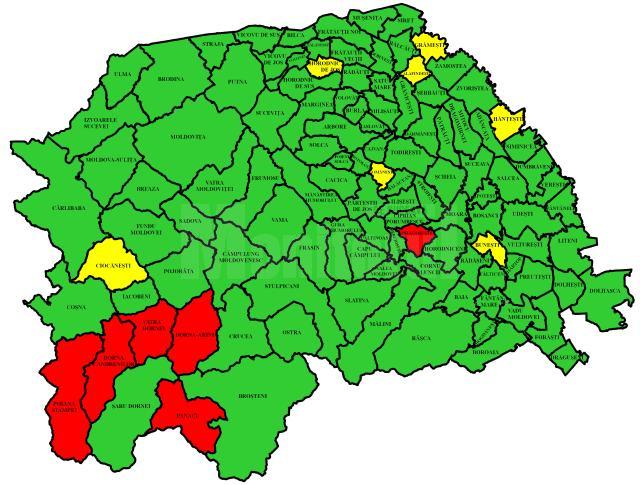 Doar Vatra Dornei, Dorna Arini, Dorna Candrenilor, Panaci, Poiana Stampei și Drăgoiești mai sunt în zona roșie