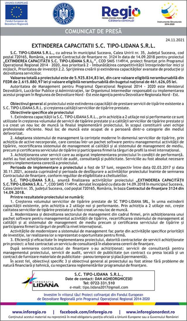 EXTINDEREA CAPACITATII S.C. TIPO-LIDANA S.R.L.