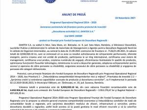 Programul Operațional Regional 2014 – 2020  Semnarea contractului de finanțare pentru proiectul de investiții „Dezvoltarea activității S.C. DANTEX S.A.” Cod SMIS 136569 - proiect cofinanţat prin Fondul European de Dezvoltare Regională -
