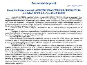 Comunicat începere proiect „MODERNIZAREA SPAȚIULUI DE PRODUCTIE LA S.C. INCAR BOOTS S.R.L.”, cod SMIS 133890