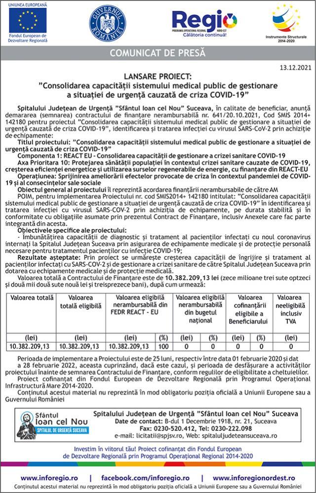 Lansare proiect:  ”Consolidarea capacității sistemului medical public de gestionare a situației de urgență cauzată de criza COVID-19”