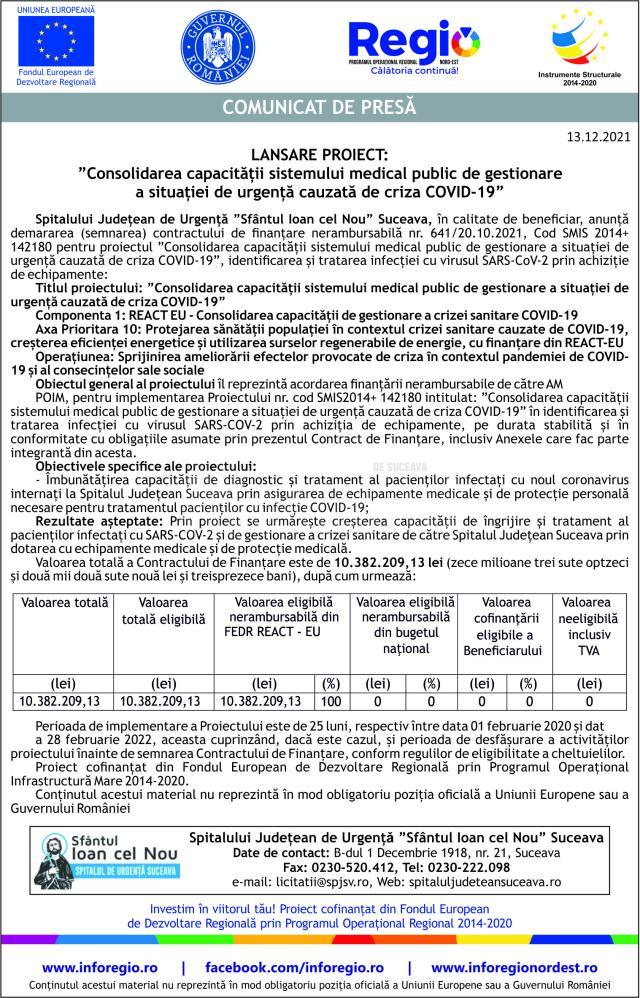 Lansare proiect: ”Consolidarea capacității sistemului medical public de gestionare a situației de urgență cauzată de criza COVID-19”