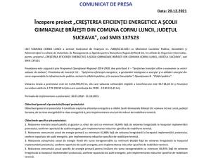 Începere proiect „CREŞTEREA EFICIENŢEI ENERGETICE A ŞCOLII GIMNAZIALE BRĂIEŞTI DIN COMUNA CORNU LUNCII, JUDEŢUL SUCEAVA", cod SMIS 137523