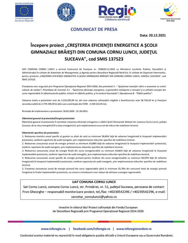 Începere proiect „CREŞTEREA EFICIENŢEI ENERGETICE A ŞCOLII GIMNAZIALE BRĂIEŞTI DIN COMUNA CORNU LUNCII, JUDEŢUL SUCEAVA", cod SMIS 137523