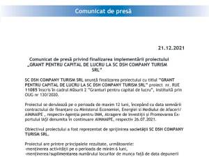 Comunicat de presă privind finalizarea implementării proiectului  „GRANT PENTRU CAPITAL DE LUCRU LA SC DSH COMPANY TURISM SRL”