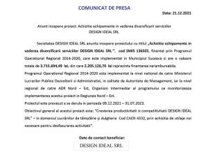 Anunt incepere proiect: Achizitie echipamente in vederea diversificarii serviciilor  DESIGN IDEAL SRL