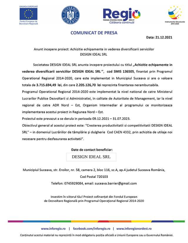 Anunt incepere proiect: Achizitie echipamente in vederea diversificarii serviciilor  DESIGN IDEAL SRL