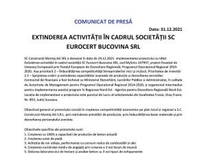 EXTINDEREA ACTIVITĂȚII ÎN CADRUL SOCIETĂȚII SC EUROCERT BUCOVINA SRL
