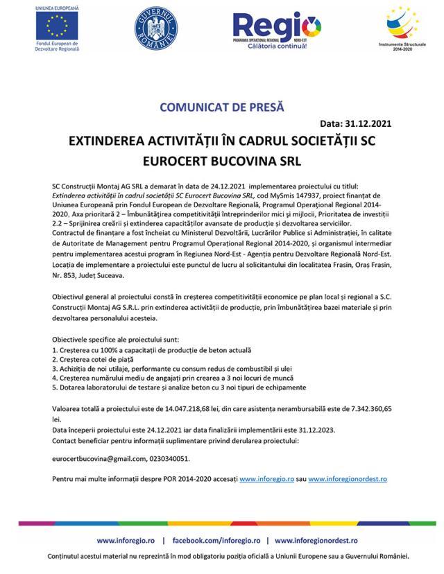 EXTINDEREA ACTIVITĂȚII ÎN CADRUL SOCIETĂȚII SC EUROCERT BUCOVINA SRL