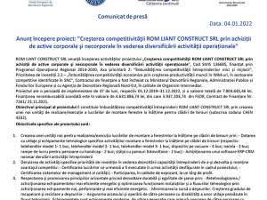 Anunț începere proiect: ”Creşterea competitivităţii ROM LIANT CONSTRUCT SRL prin achiziții de active corporale şi necorporale în vederea diversificării activităţii operaționale”