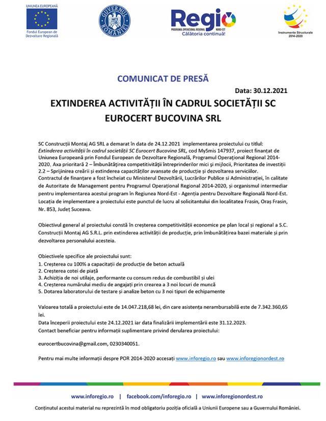 EXTINDEREA ACTIVITĂȚII ÎN CADRUL SOCIETĂȚII SC EUROCERT BUCOVINA SRL