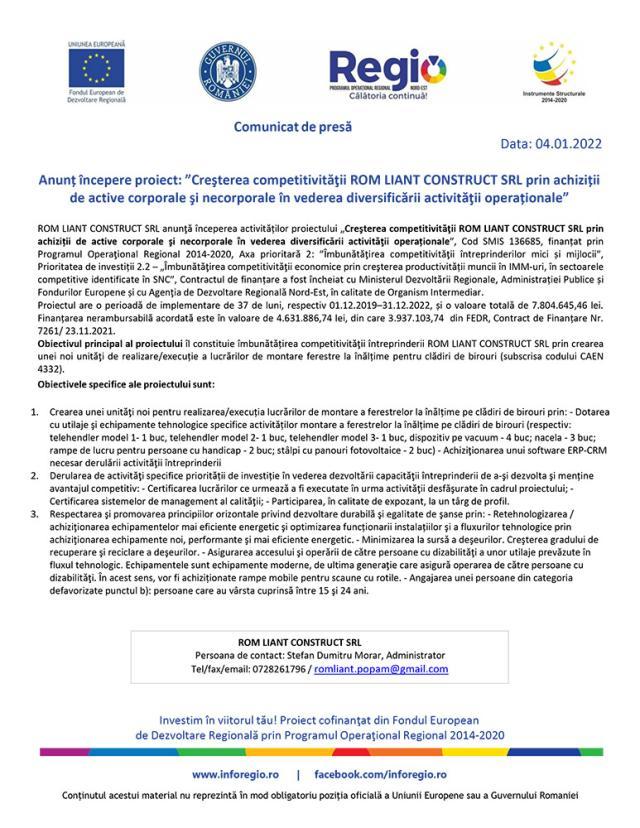 Anunț începere proiect: ”Creşterea competitivităţii ROM LIANT CONSTRUCT SRL prin achiziții de active corporale şi necorporale în vederea diversificării activităţii operaționale”