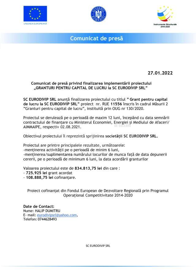 Comunicat de presă privind finalizarea implementării proiectului „GRANTURI PENTRU CAPITAL DE LUCRU la SC EURODIVIP SRL”