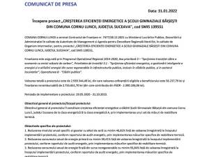 Începere proiect „CREȘTEREA EFICIENȚEI ENERGETICE A ȘCOLII GIMNAZIALE BĂIȘEȘTI DIN COMUNA CORNU LUNCII, JUDEȚUL SUCEAVA", cod SMIS 139551