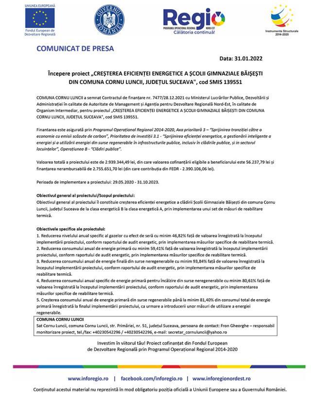 Începere proiect „CREȘTEREA EFICIENȚEI ENERGETICE A ȘCOLII GIMNAZIALE BĂIȘEȘTI DIN COMUNA CORNU LUNCII, JUDEȚUL SUCEAVA", cod SMIS 139551