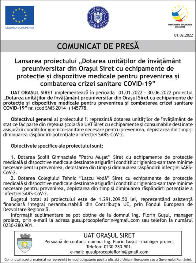 Lansarea proiectului „Dotarea unităților de învățământ preuniversitar din Orașul Siret cu echipamente de protecție și dispozitive medicale pentru prevenirea și combaterea crizei sanitare COVID-19”