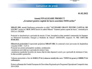 Anunț FINALIZARE PROIECT „Granturi pentru capital de lucru acordate IMM-urilor”