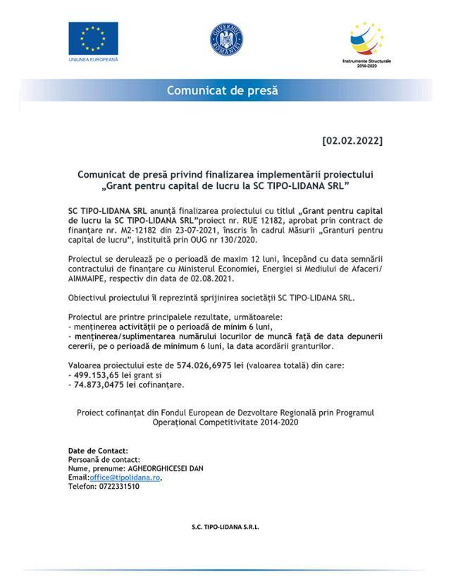 Comunicat de presă privind finalizarea implementării proiectului „Grant pentru capital de lucru la SC TIPO-LIDANA SRL”