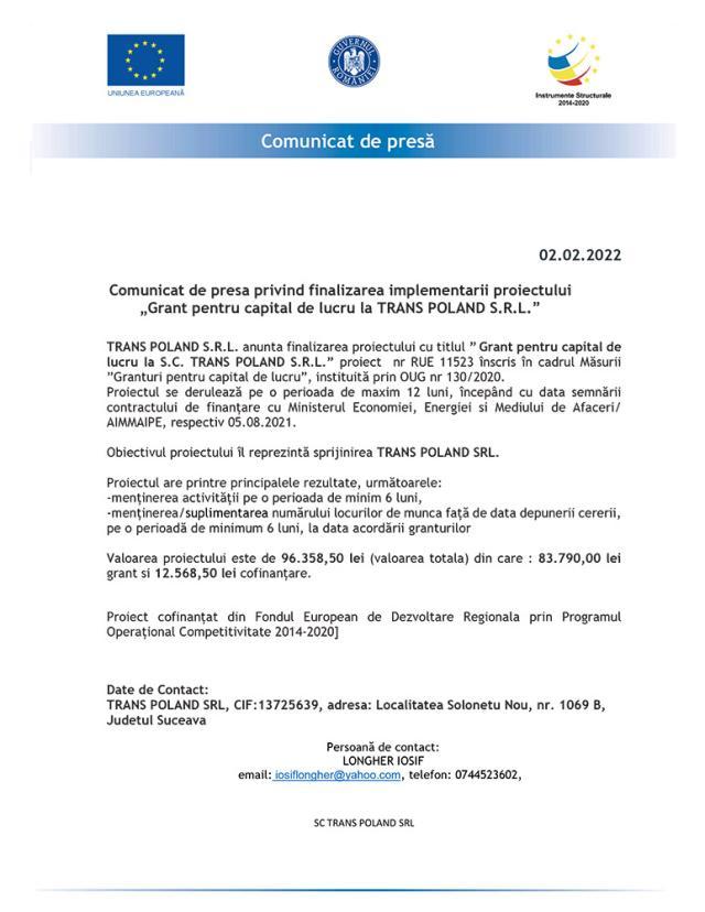 Comunicat de presa privind finalizarea implementarii proiectului „Grant pentru capital de lucru la TRANS POLAND S.R.L.”