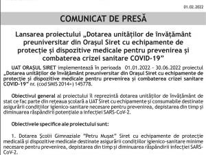 Lansarea proiectului „Dotarea unităților de învățământ preuniversitar din Orașul Siret cu echipamente de protecție și dispozitive medicale pentru prevenirea și combaterea crizei sanitare COVID-19”